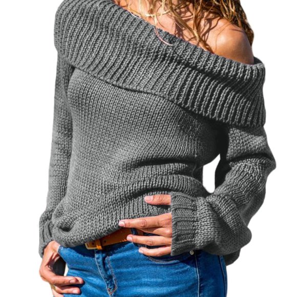 Unbranded Sweaters - Gray Off The Shoulder Knitted Sweater Solid color